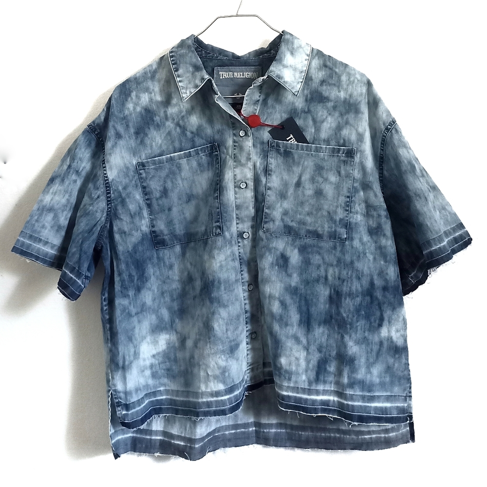 NWT True Religion Boxy Step Hem Bleach Indigo Top M